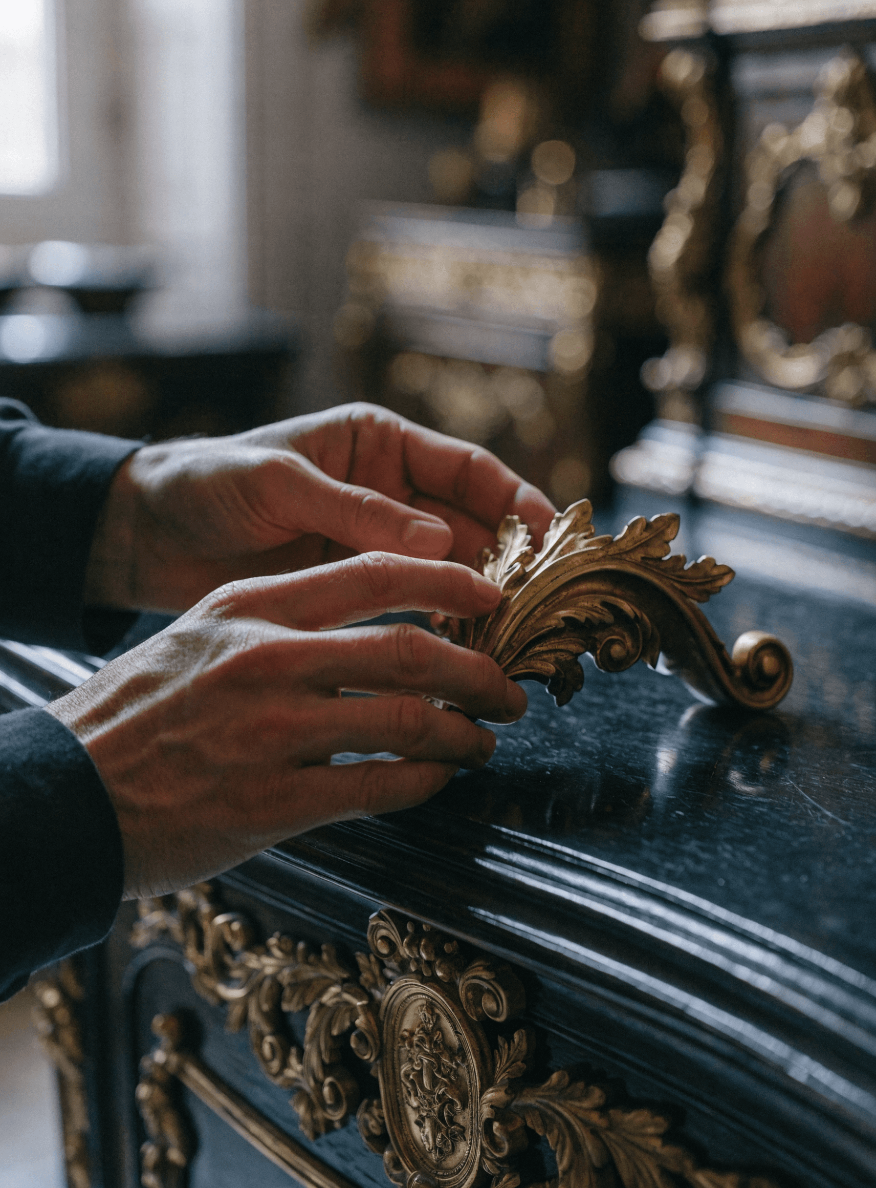 Mains d'antiquaire examinant un bronze doré sur une commode Napoléon III