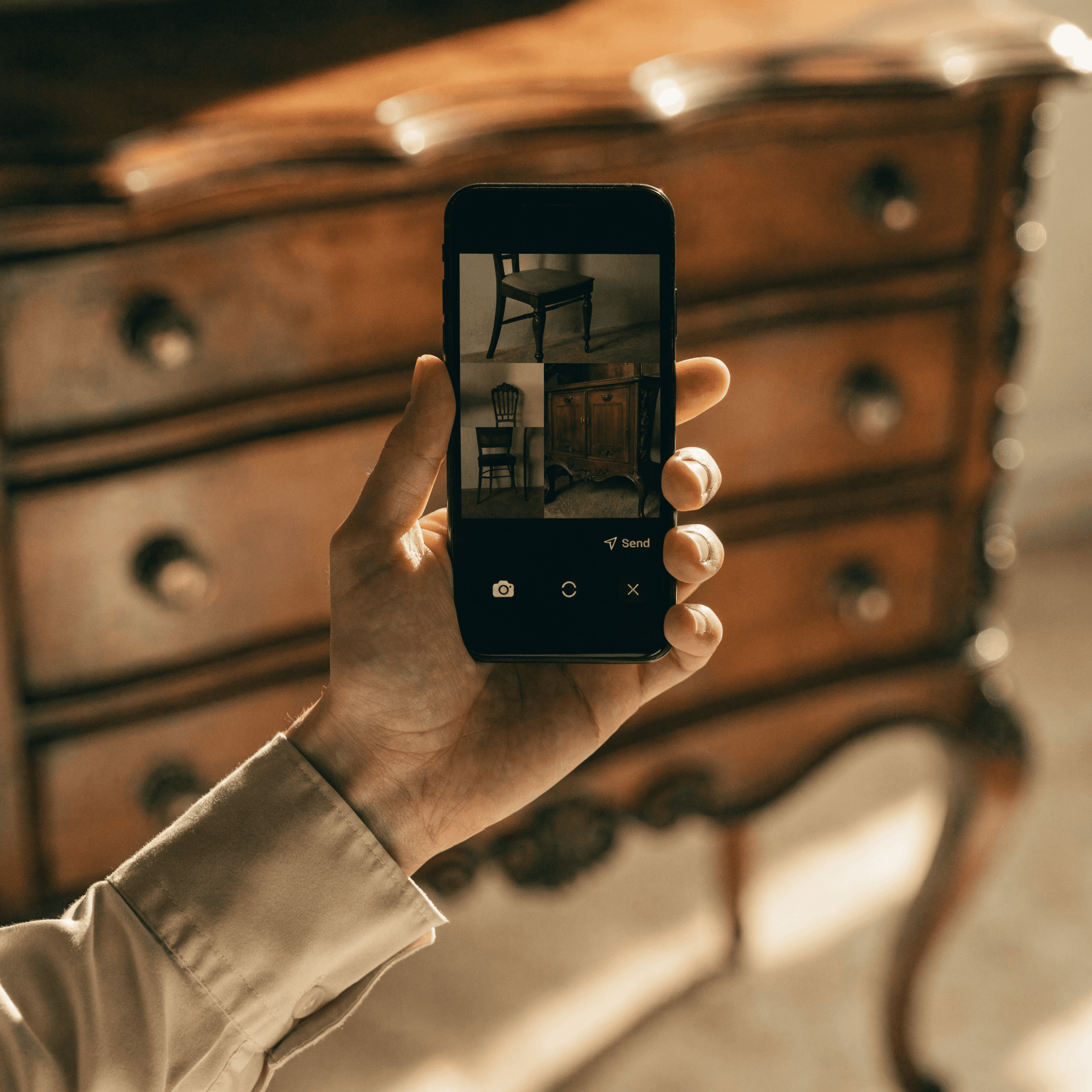 Main tenant un smartphone avec des photos d'antiquités