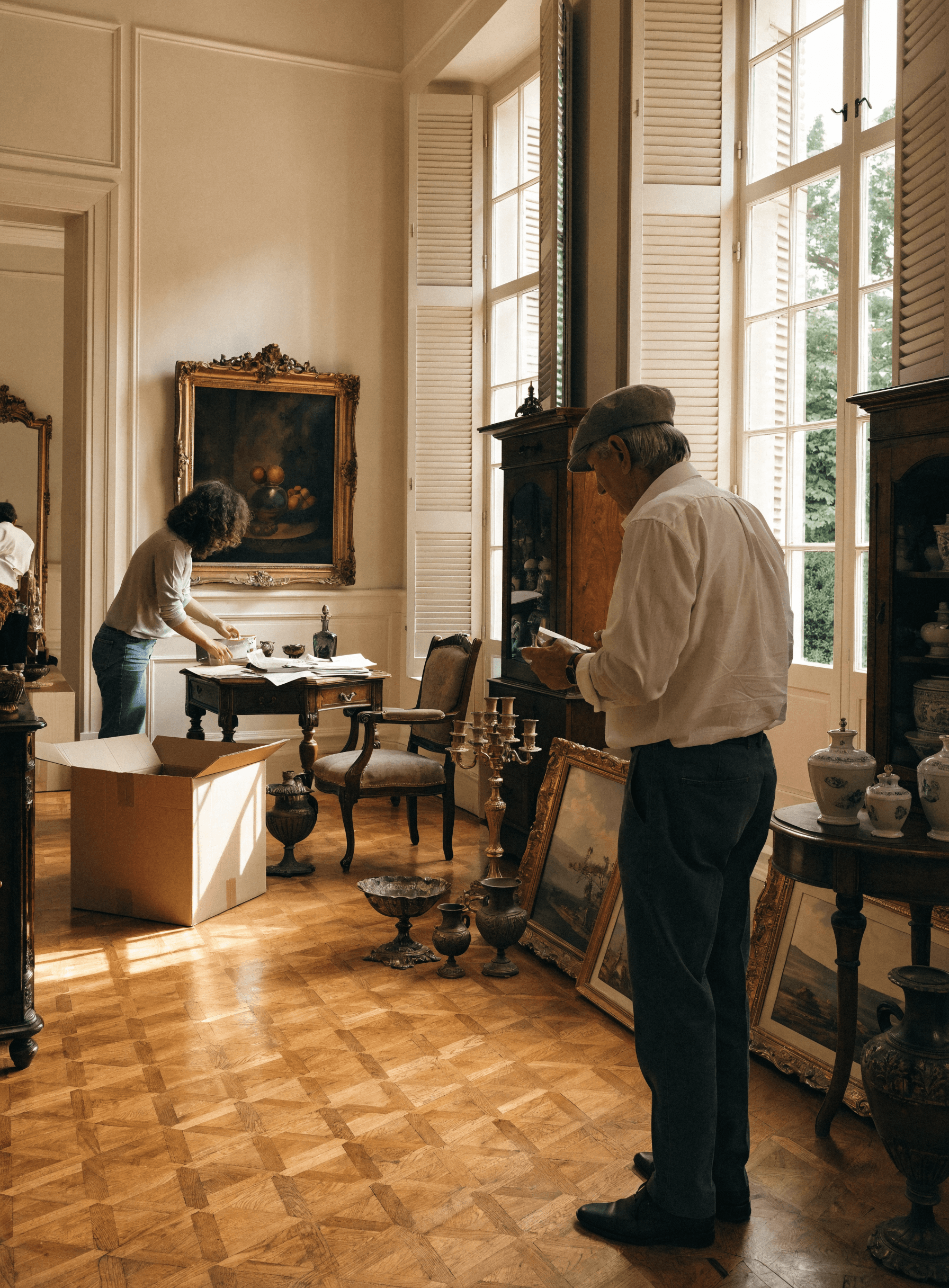 Intérieur d'une maison de famille avec mobilier ancien et objets dans la lumière du matin